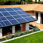 Modern Spanish Home with Solar Panels**

"A modern Spanish villa with terracotta roof tiles, bathed in warm Mediterranean sunlight, showcasing solar panels integrated seamlessly onto the roof. Lush garden with olive trees and drought-resistant plants. The scene emphasizes sustainability and energy efficiency. Family-friendly, safe for work, appropriate content, fully clothed people visible in the background gardening. Perfect anatomy, natural pose, well-formed hands, proper finger count, natural body proportions, professional photography, high quality, modest design."

**