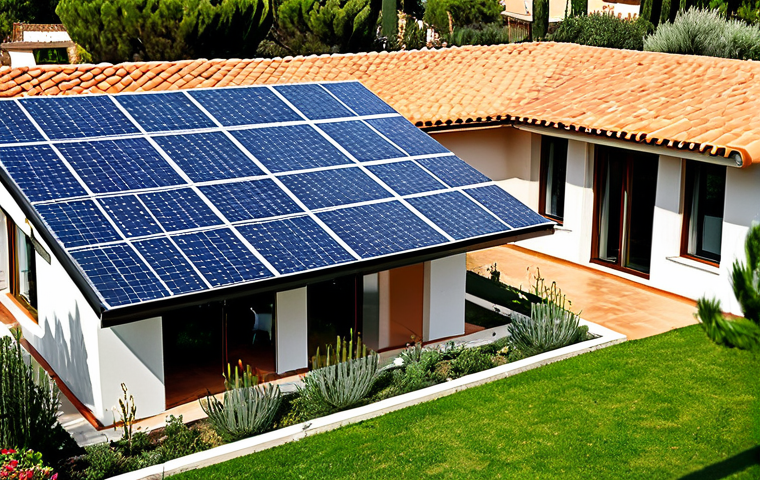 Modern Spanish Home with Solar Panels**

"A modern Spanish villa with terracotta roof tiles, bathed in warm Mediterranean sunlight, showcasing solar panels integrated seamlessly onto the roof. Lush garden with olive trees and drought-resistant plants. The scene emphasizes sustainability and energy efficiency. Family-friendly, safe for work, appropriate content, fully clothed people visible in the background gardening. Perfect anatomy, natural pose, well-formed hands, proper finger count, natural body proportions, professional photography, high quality, modest design."

**