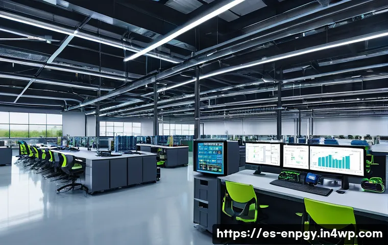 신산업에서의 에너지 배분 최적화 사례 - A modern industrial manufacturing facility interior showcasing advanced energy management: diverse s...