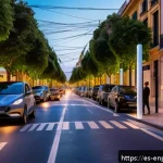Home 19 에너지 배분을 위한 데이터 분석 활용법 - A bustling modern Spanish city street at dusk, showcasing smart urban electrical grid infrastructure...