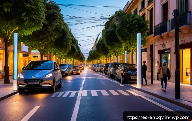 에너지 배분을 위한 데이터 분석 활용법 - A bustling modern Spanish city street at dusk, showcasing smart urban electrical grid infrastructure...