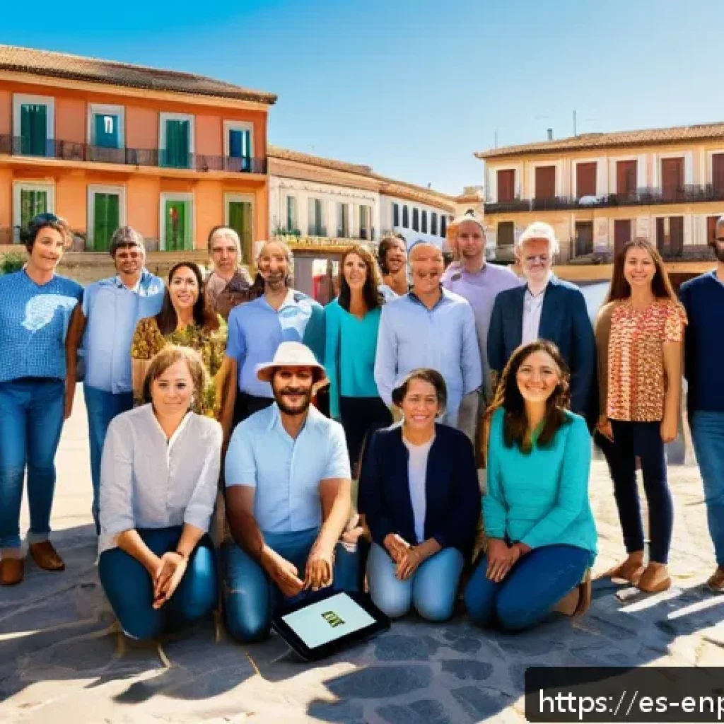 에너지 관리에서의 협력적 네트워크 구축 - A vibrant community energy network meeting in a sunny urban plaza in Spain, with diverse people of v...