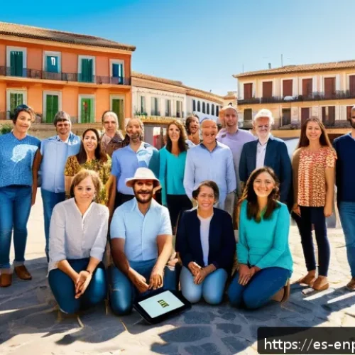 Home 30 에너지 관리에서의 협력적 네트워크 구축 - A vibrant community energy network meeting in a sunny urban plaza in Spain, with diverse people of v...
