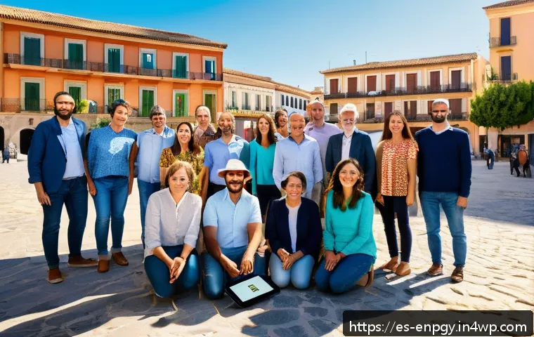 에너지 관리에서의 협력적 네트워크 구축 - A vibrant community energy network meeting in a sunny urban plaza in Spain, with diverse people of v...