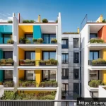 Home 23 에너지 소비자의 협업을 통한 최적화 전략 - A vibrant neighborhood in Madrid showcasing a modern residential building with shared rooftop solar ...
