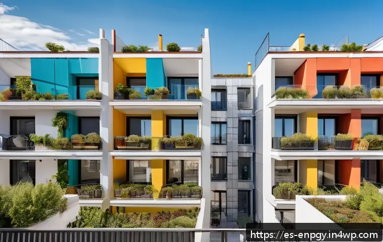 에너지 소비자의 협업을 통한 최적화 전략 - A vibrant neighborhood in Madrid showcasing a modern residential building with shared rooftop solar ...