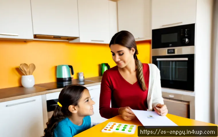 에너지 소비 감소를 위한 배분 전략 - Photorealistic Spanish family in a bright apartment kitchen, mother and teenage daughter planning ho...